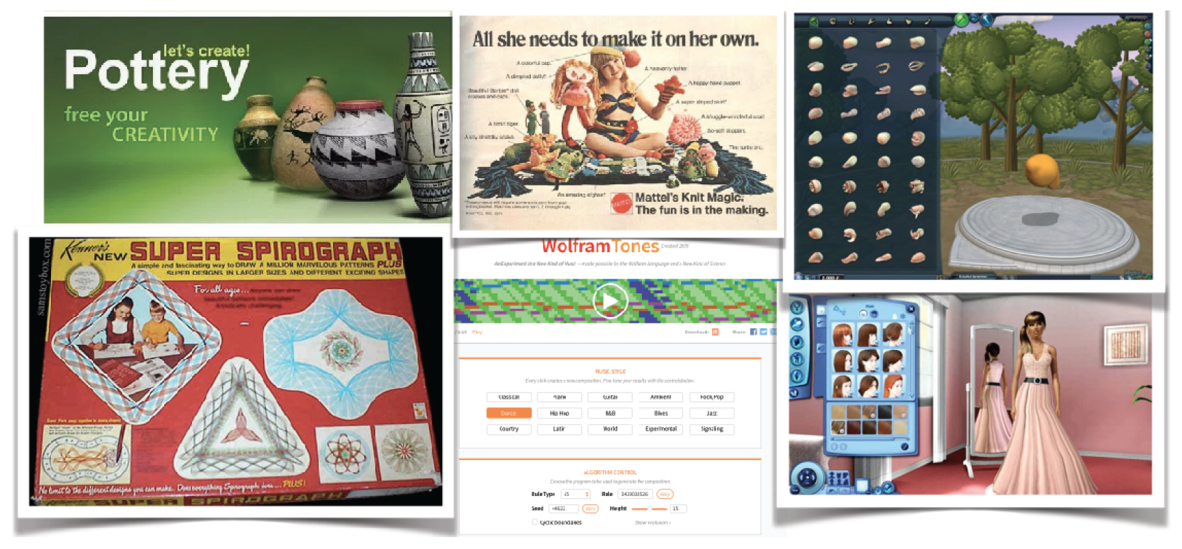 Some examples of casual creators: Let's Create Pottery, the Knitting Nancy, the Spore Creature Creator, Spirograph, Wolfram Tones, and The Sims Create-a-Sim editor